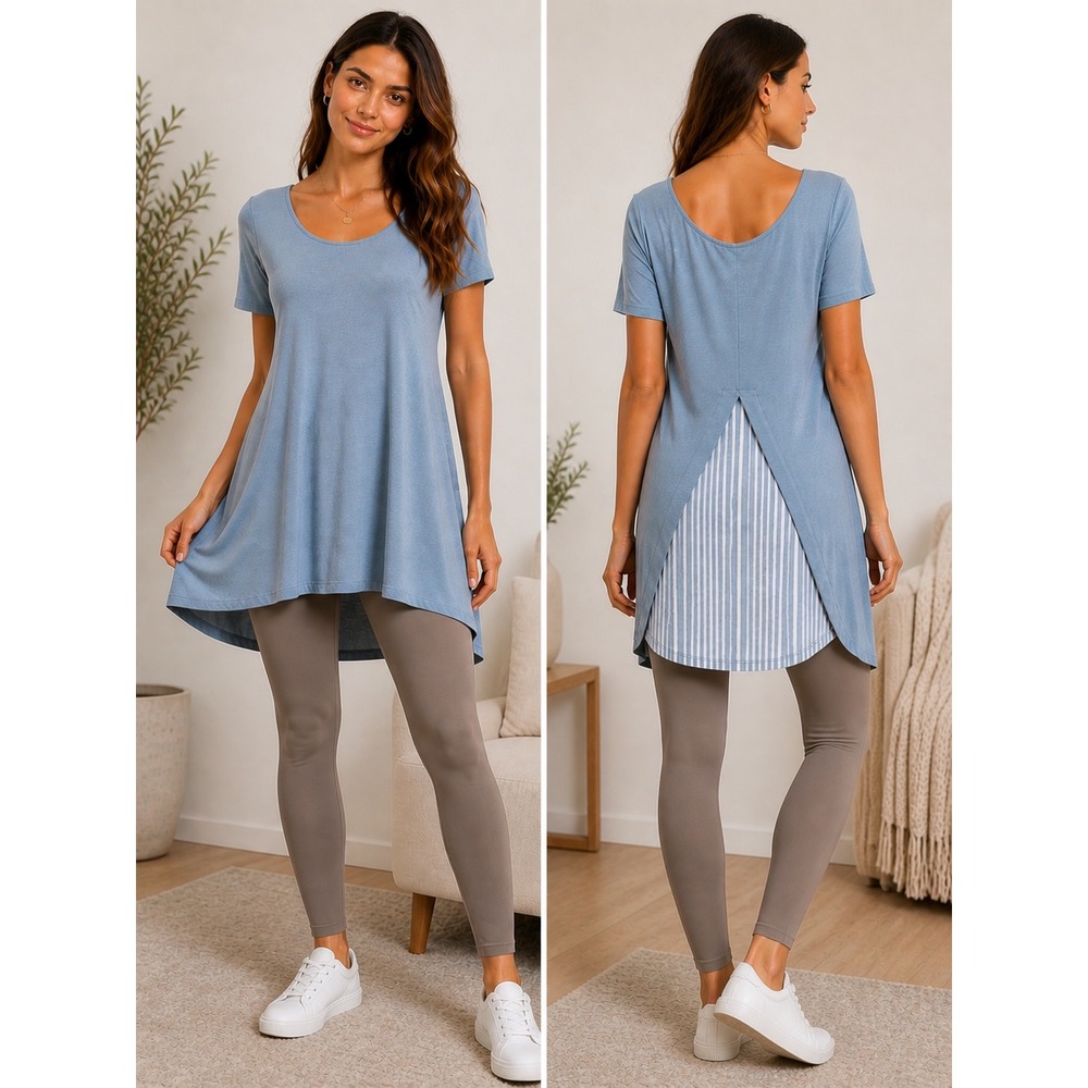 Chalet et ceci Blue Bamboo Blend Striped Back Vent Tunic Top‎ XS B12471
